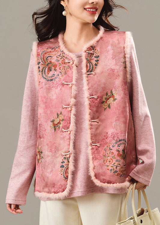 Niedliche rosa Weste mit Rundhalsausschnitt, Patchwork-Print und Nerzfell für den Winter