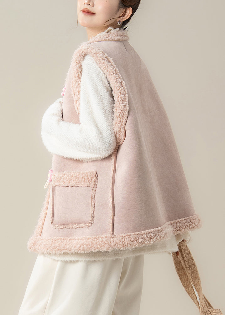 Niedliche rosa Oversize-Teddyweste mit Patchwork-Blumenmuster für den Winter