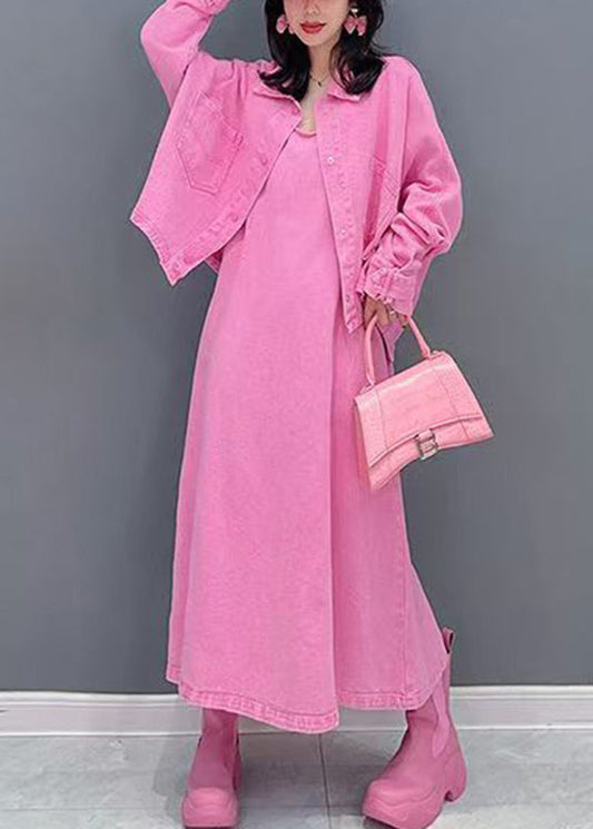 Cute Pink Peter Pan Collar Coats And Long Dresses Two Pieces Set Puff Sleeve