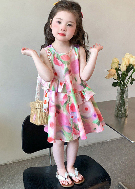 Cute Pink Ruffled Asymmetrical Print Girls Maxi Dresses Sleeveless