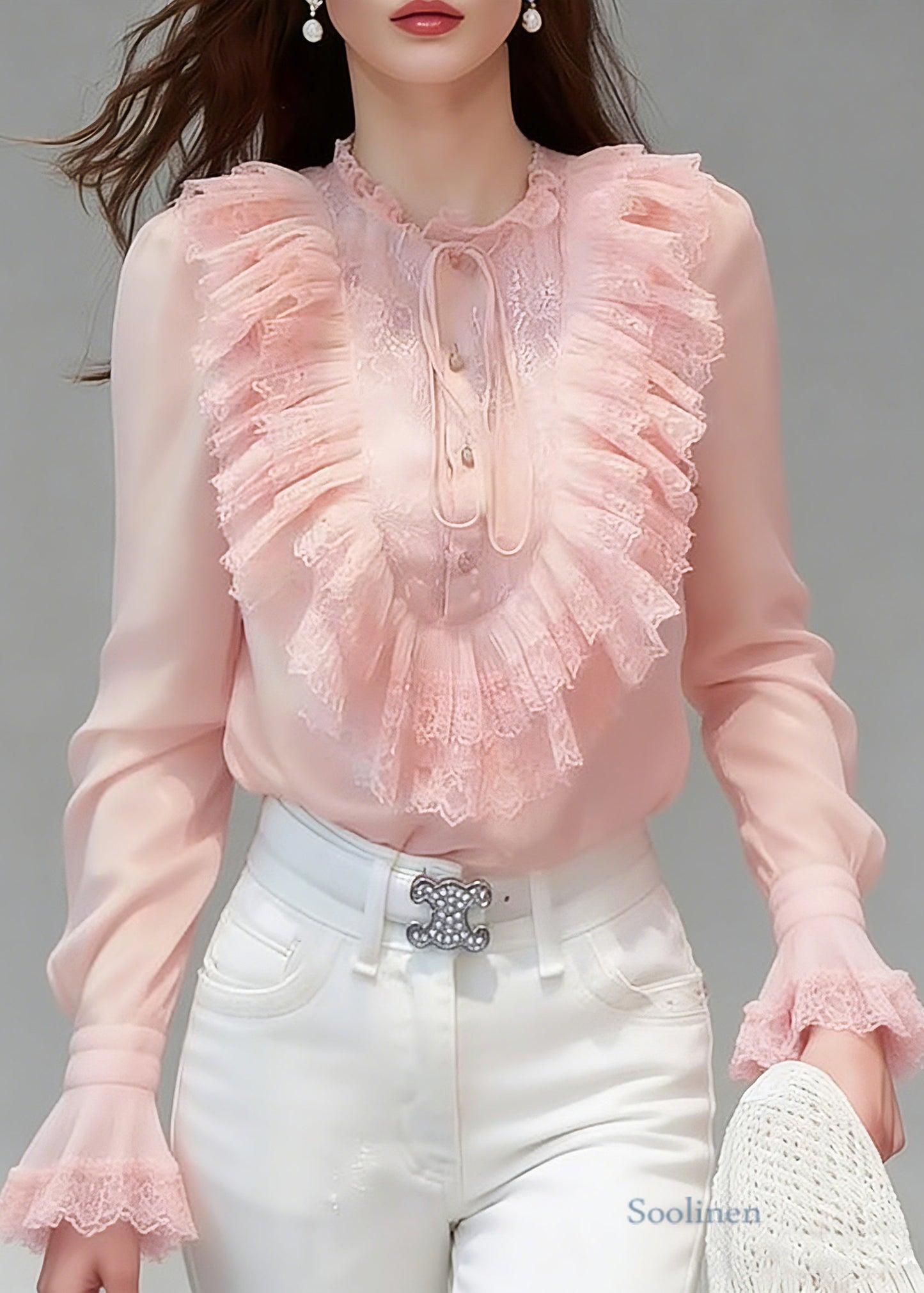 Cute Pink Ruffled Patchwork Button Solid Silk Shirts Flare Sleeve