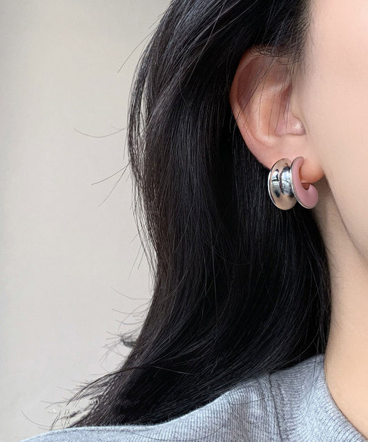 Cute Pink Sterling Silver C-Shaped Drip Glaze Hoop Earrings