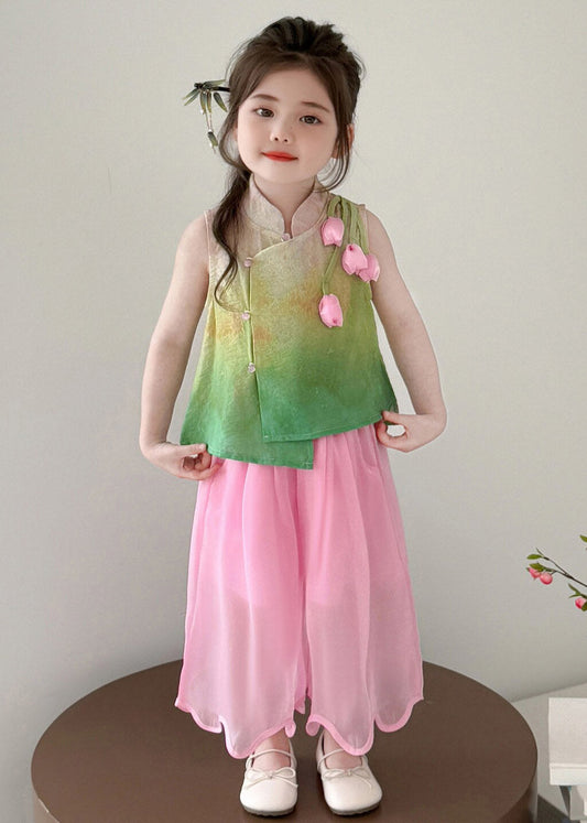 Cute Print Stand Collar Tulip Kids Top And Wide Leg Pants Two Piece Set Summer