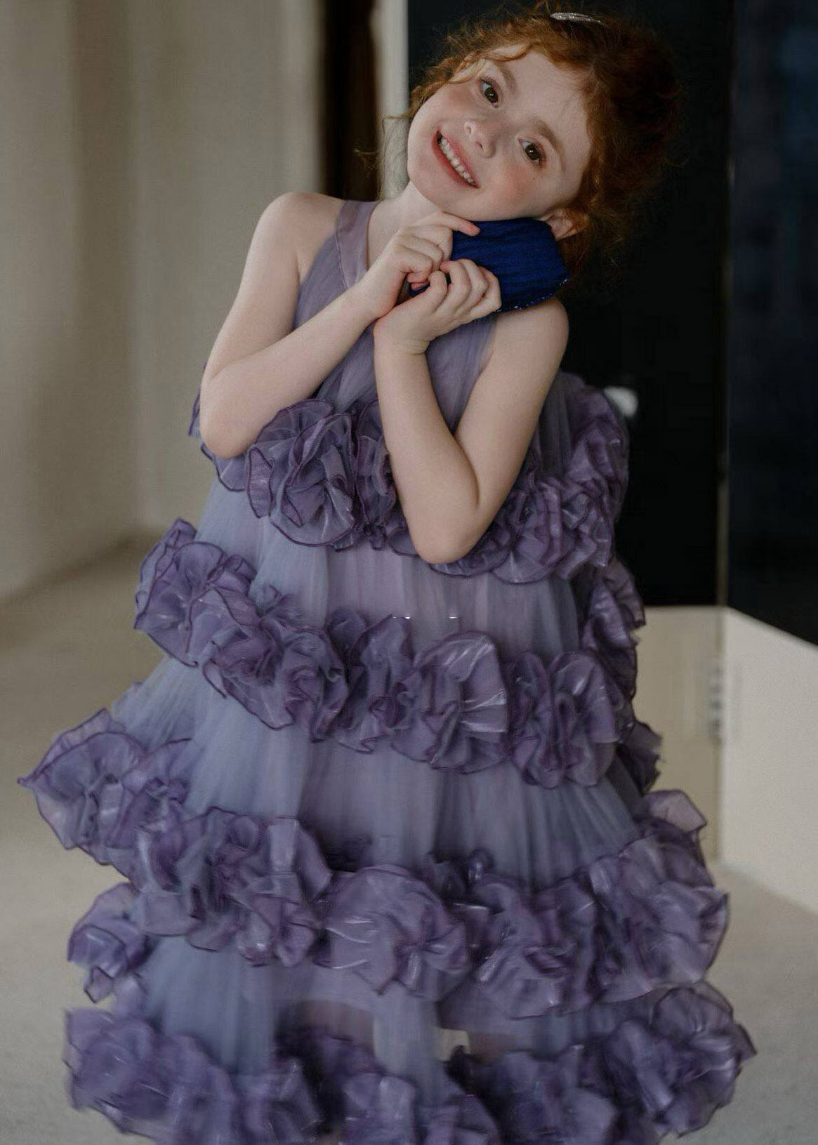 Cute Purple Floral Patchwork Tulle Kids Long Dress Sleeveless