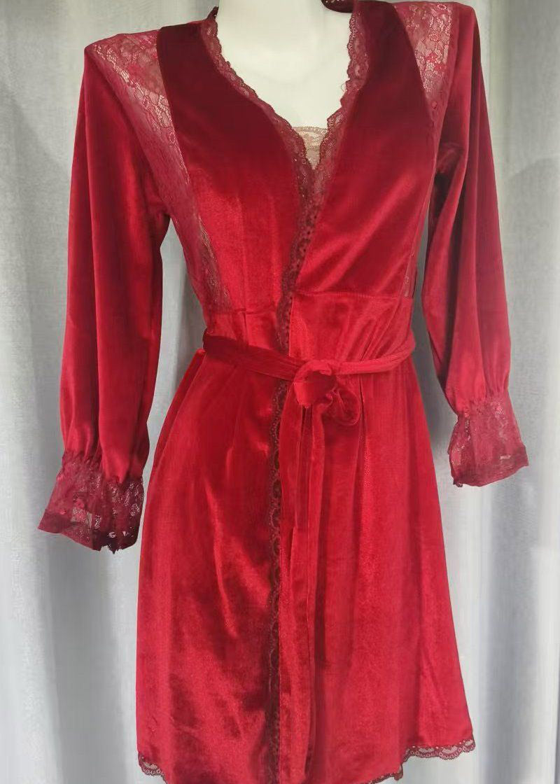 Cute Purple V Neck Patchwork Silk Velour Blended Cardigans And Slips Lingerie Sets