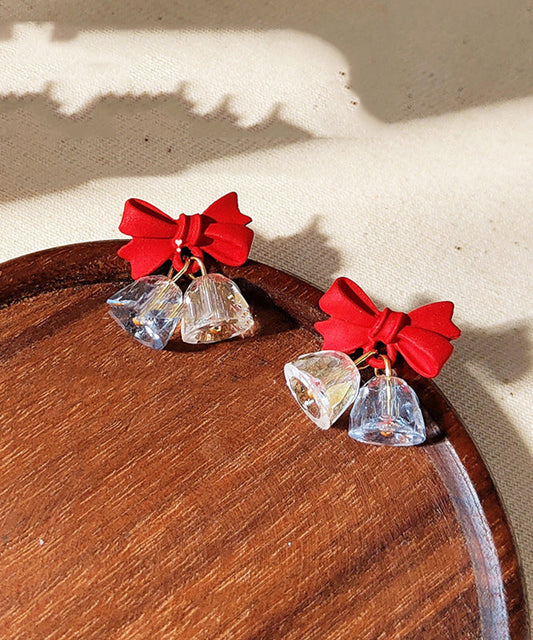Cute Red Sterling Silver Crystal Bow Bell Drop Earrings