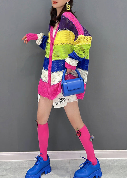 Süße rote V-Ausschnitt Hollow Out gestreifte Strickjacke Herbst