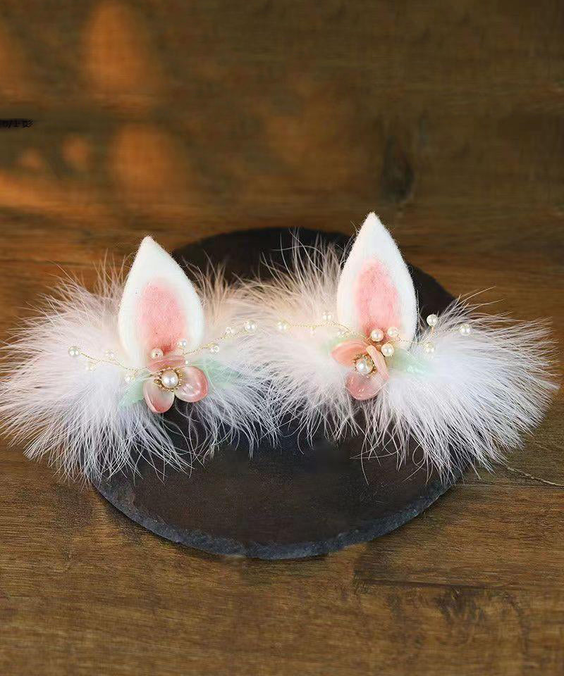 Cute Watery Red Alloy Pearl Colored Glaze Cat's Ears Feather Hairpin And Ribbon Two-Piece Set