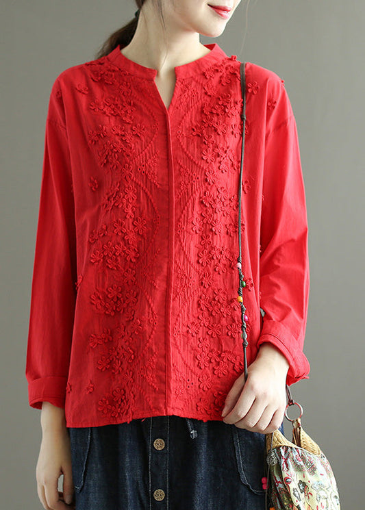 Bonita blusa blanca de algodón liso con cuello en V y bordado floral para primavera