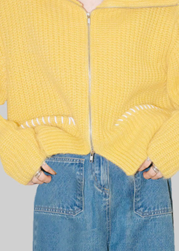 Cute Yellow Peter Pan Collar Zippered Cotton Knit Cardigans Fal