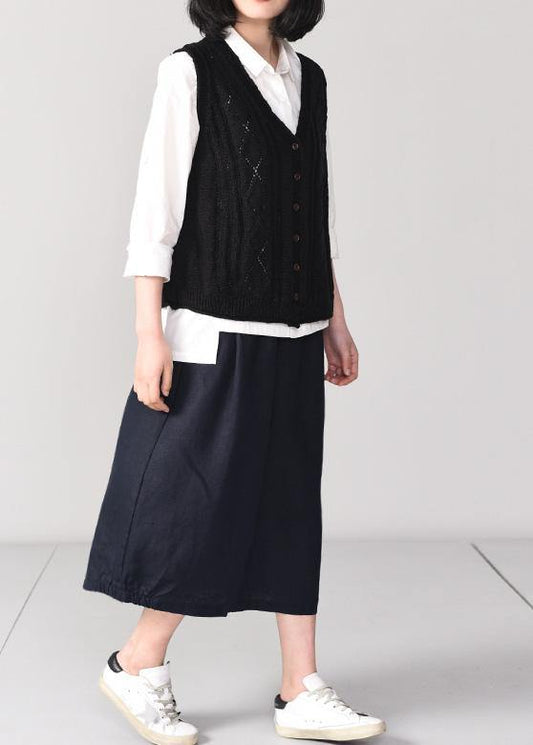 Cute back open knit cardigans oversized sleeveless v neck knit outwear black - SooLinen