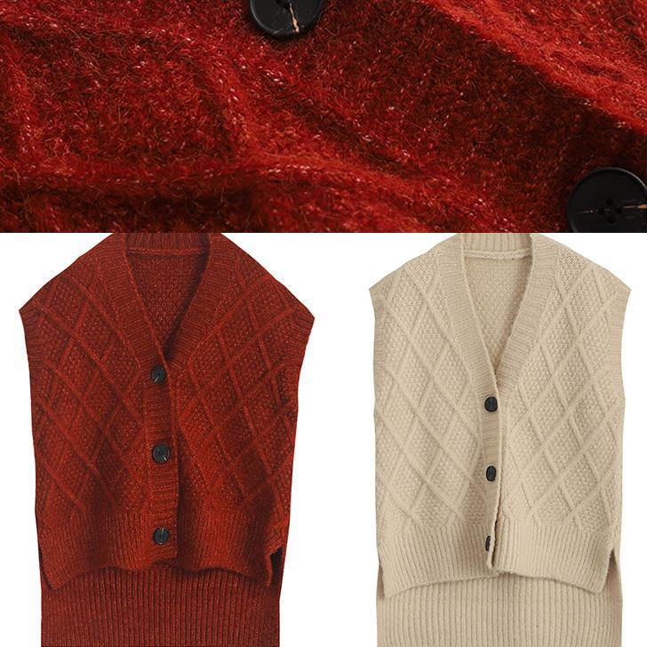 Cute burgundy sweater tops Loose fitting sleeveless knitwear v neck - SooLinen