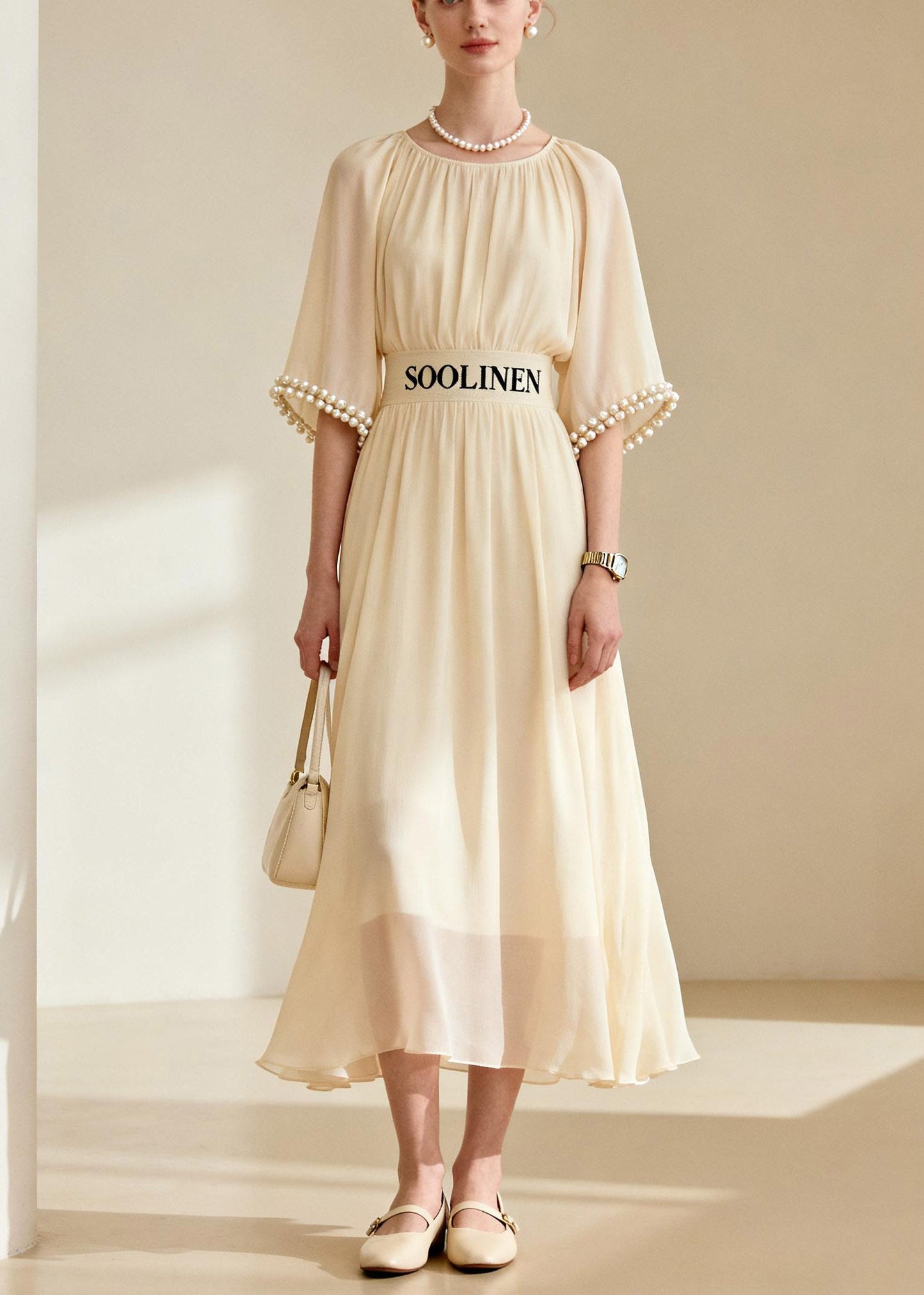 DIY Beige O-Neck Nail Bead Tunic Chiffon Maxi Dress Flare Sleeve