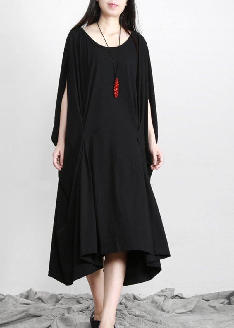 DIY Black Asymmetric Cotton Long Dress O Neck - SooLinen