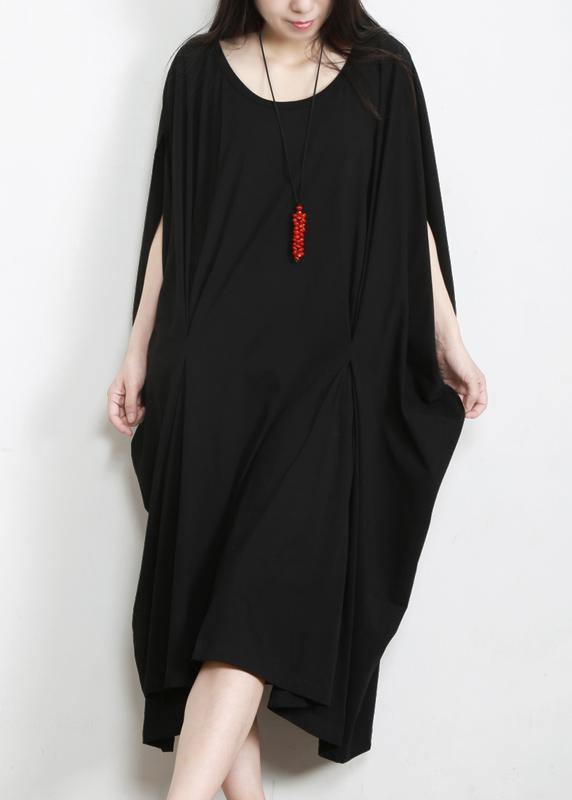 DIY Black Asymmetric Cotton Long Dress O Neck - SooLinen