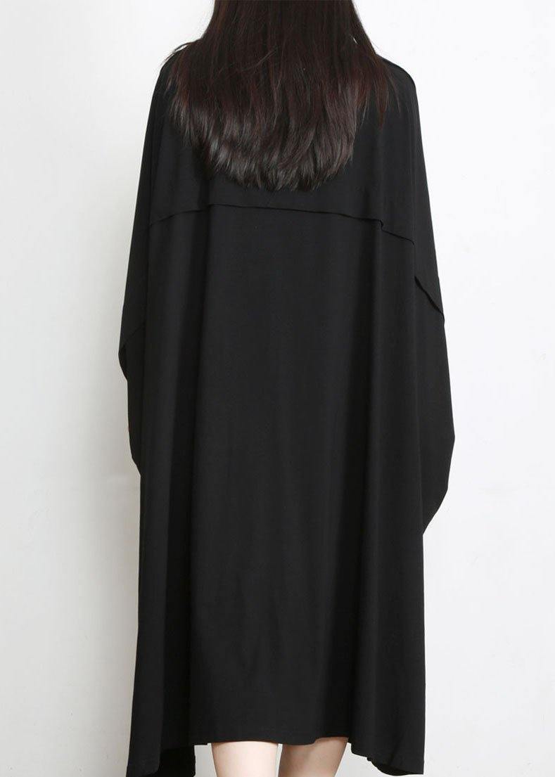 DIY Black Asymmetric Cotton Long Dress O Neck - SooLinen