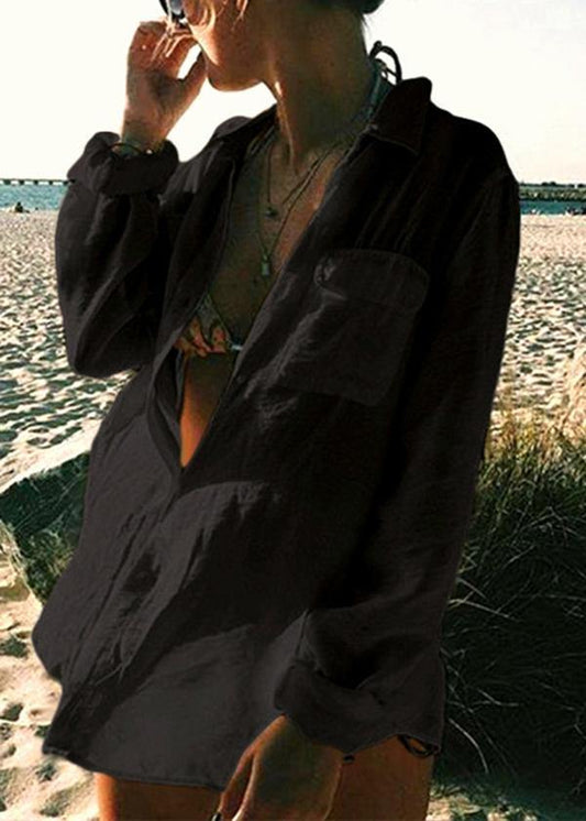 DIY Black Button Long sleeve Shirt Tops - SooLinen