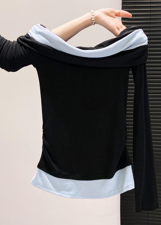 DIY Black Cold Shoulder Patchwork Cotton Shirt Top Fall