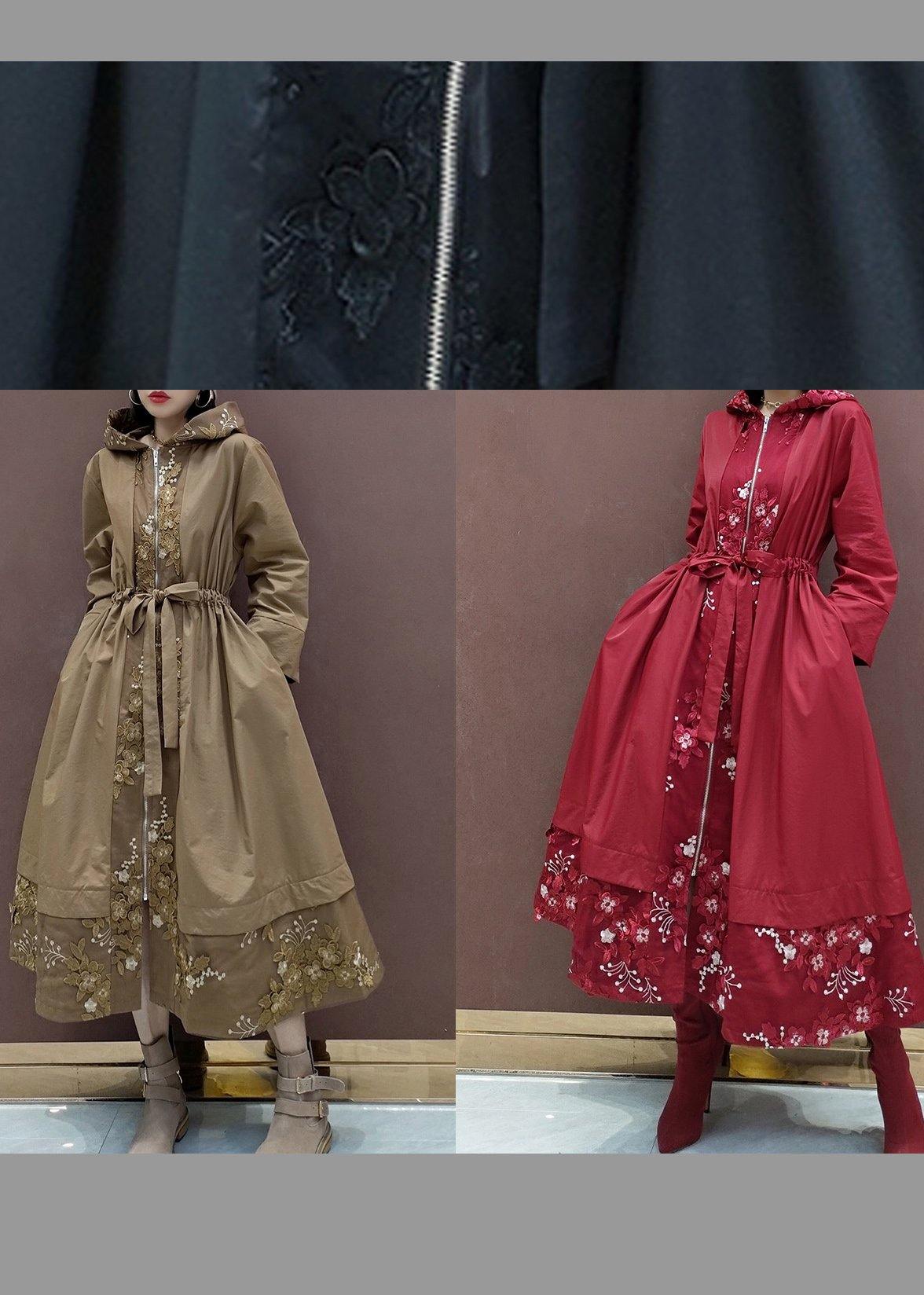 DIY Black Embroidery Plus Size Tunic Coats Inspiration Hooded Spring Coat - SooLinen