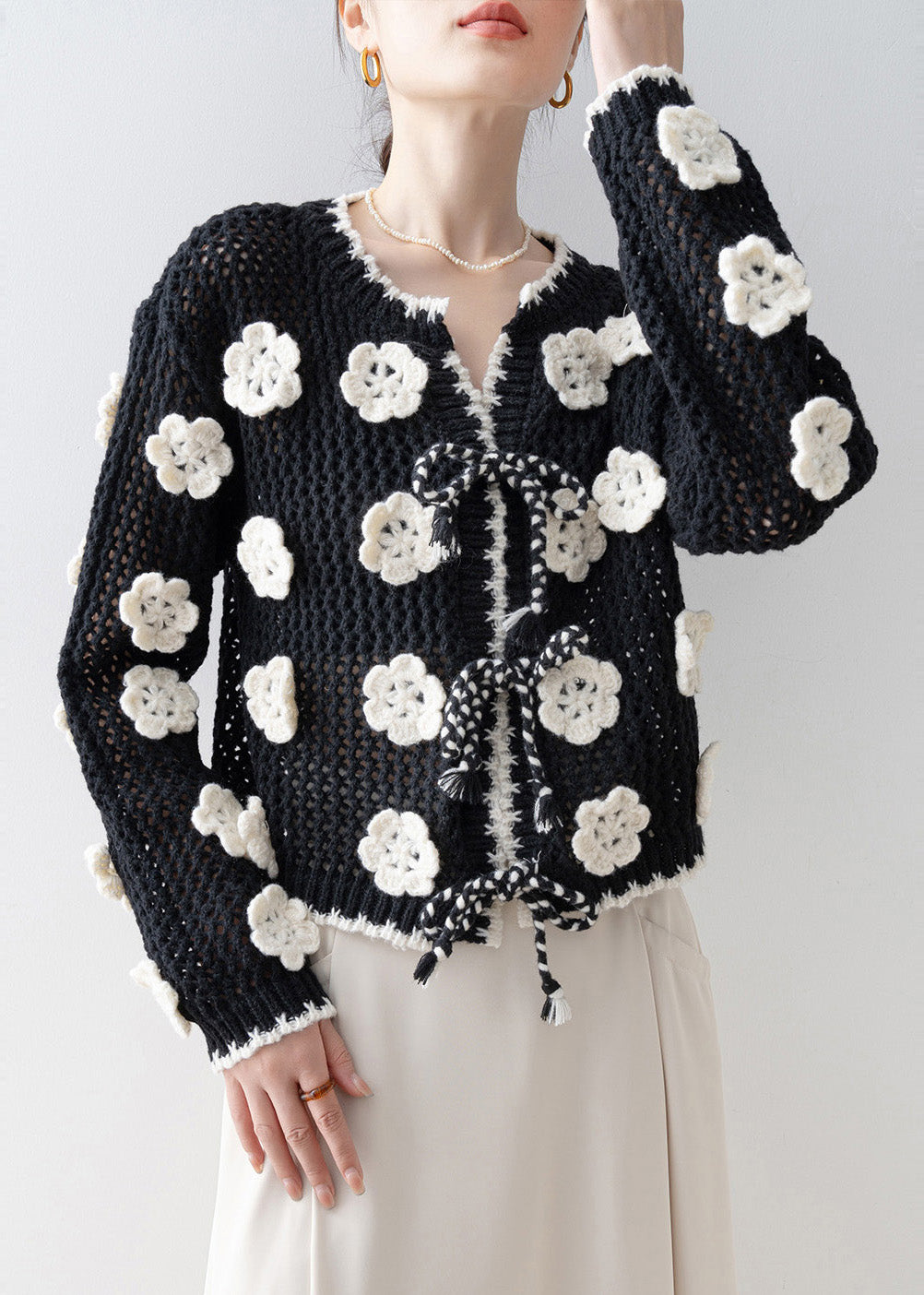 DIY Black Floral Decorated Hollow Out Knit Cardigan Spring