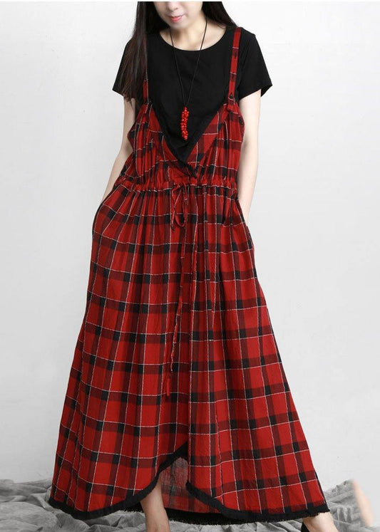 DIY Black Plaid Italian Cotton V Neck Vacation Dresses - SooLinen