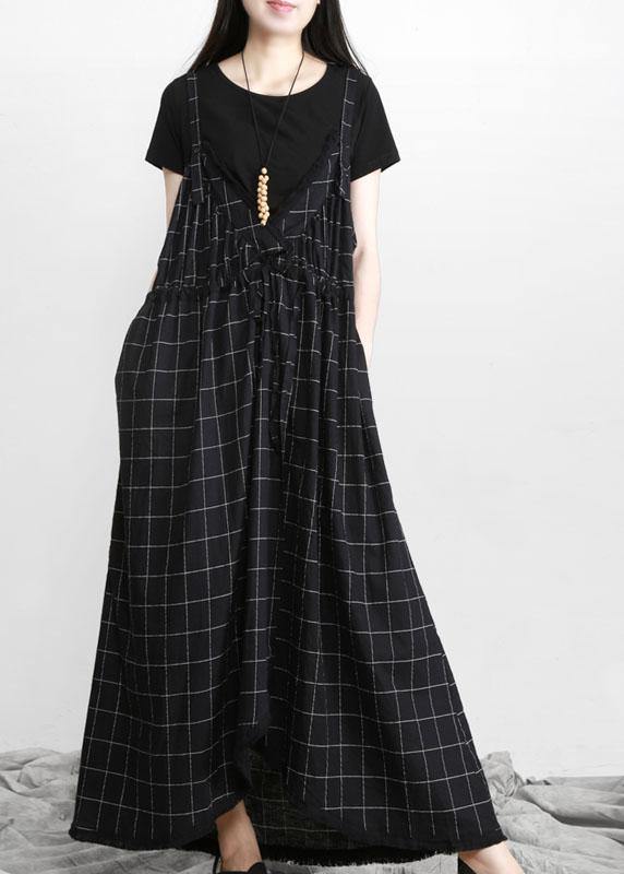 DIY Black Plaid Italian Cotton V Neck Vacation Dresses - SooLinen