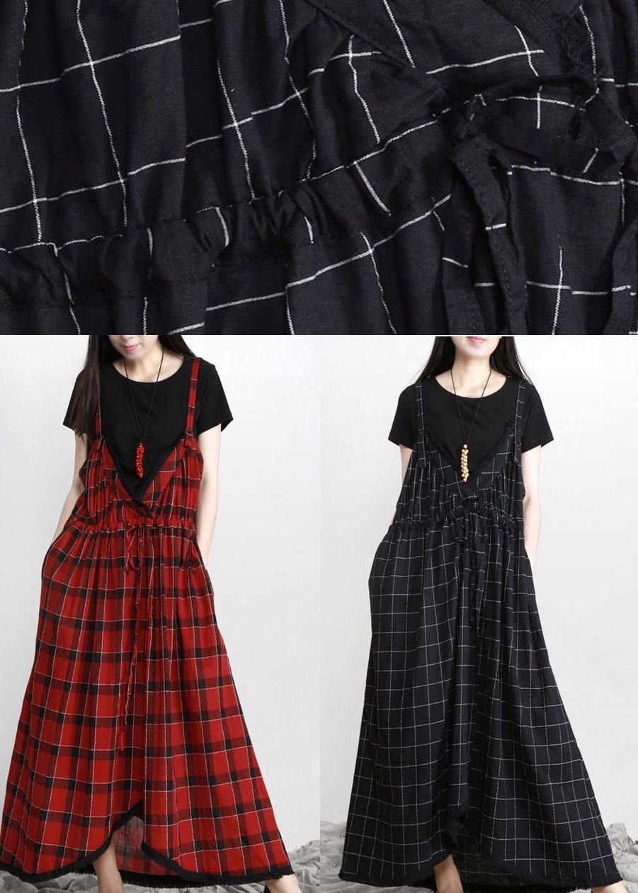 DIY Black Plaid Italian Cotton V Neck Vacation Dresses - SooLinen