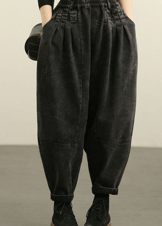 DIY Blaue Haremshose mit hoher Taille und Taschen, zerknittert, für den Herbst