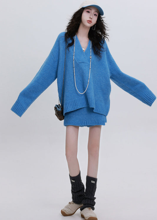 DIY Blue V Neck Asymmetrical Design Knit Two Piece Set Women Clothing Winter