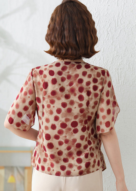 DIY Brick Red Asymmetrical Print Chiffon Shirts Summer