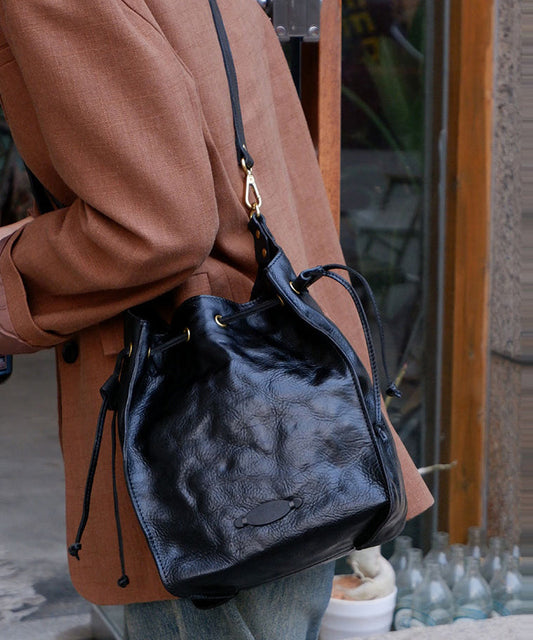 DIY Brown Drawstring Large Capacity Leather Shoulder Bags