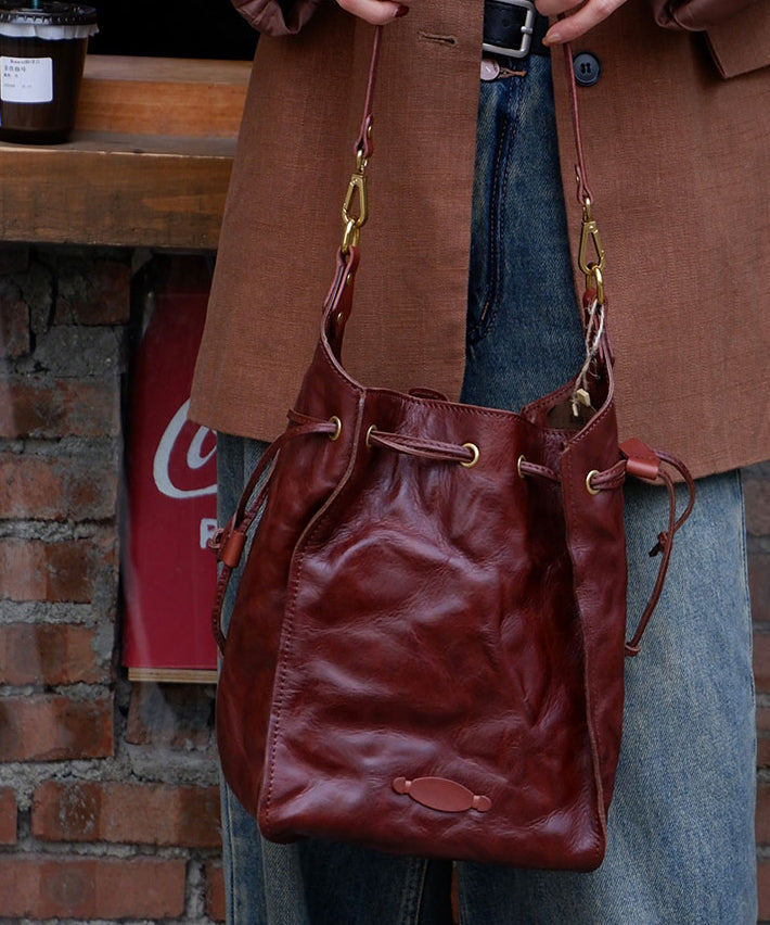 DIY Brown Drawstring Large Capacity Leather Shoulder Bags