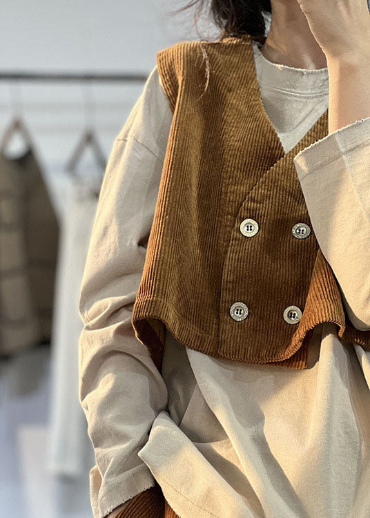 DIY Schokolade V-Ausschnitt Patchwork Doppelbrust Cord Zweiteiler Outfits Herbst