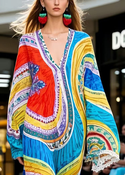 DIY Colorblock Oversized Print Chiffon Maxi Dress Spring