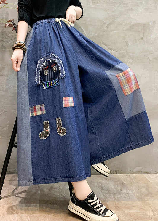 DIY Denim Blue Oversized Patchwork Wide Leg Pants Trousers Summer