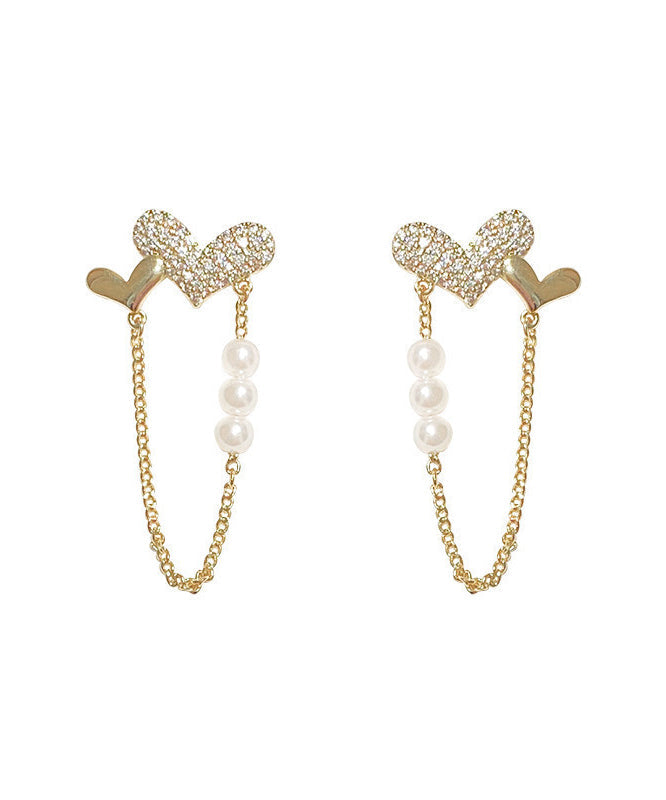 Pendientes de aro con borlas de amor, perlas y circonitas doradas y cobre dorado, hechos a mano