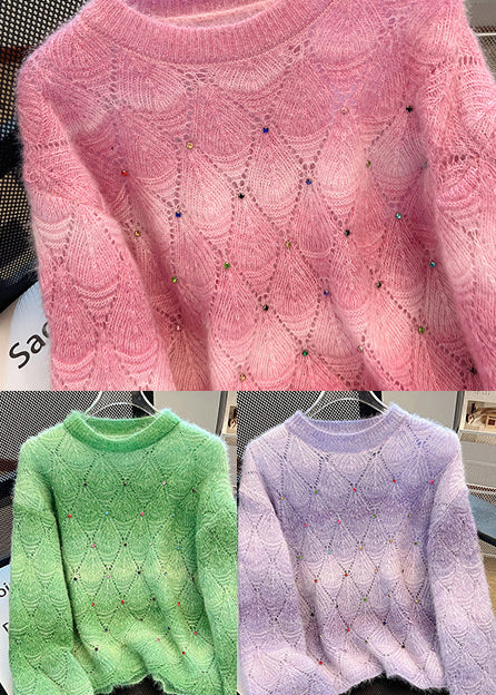 DIY Gradient Pink Oversized Rhinestone Knit Sweaters Winter