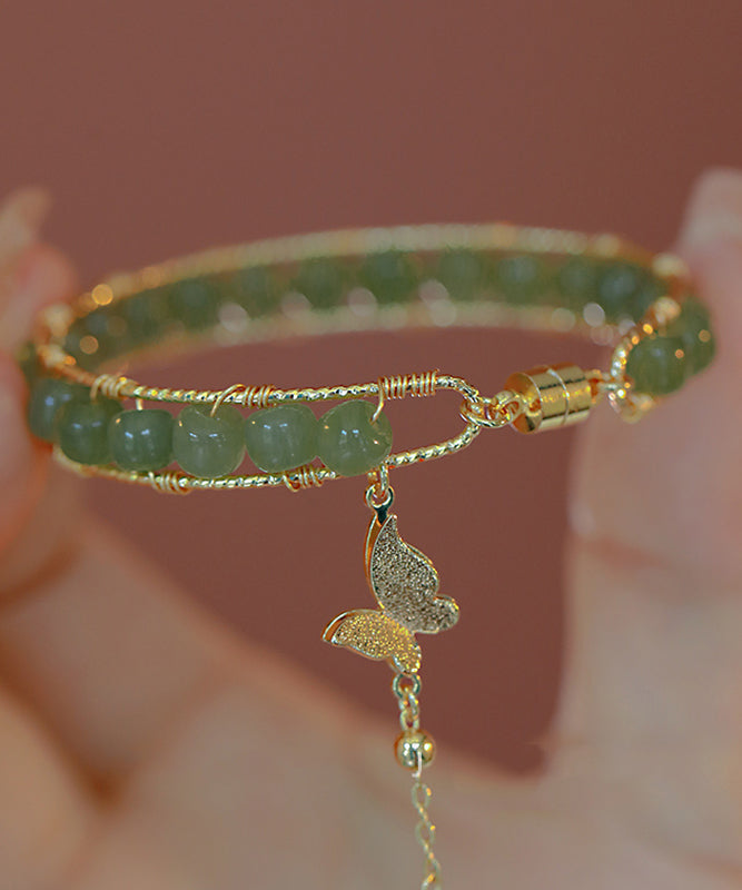 Pulsera DIY con borlas de mariposa de jade dorado y cobre verde