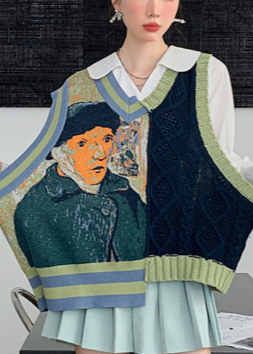 DIY Grüne Jacquard-Strickweste mit V-Ausschnitt für den Herbst