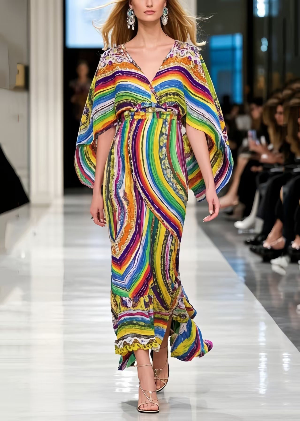 DIY Multicolour Print Chiffon Vacation Dress Cloak Sleeves