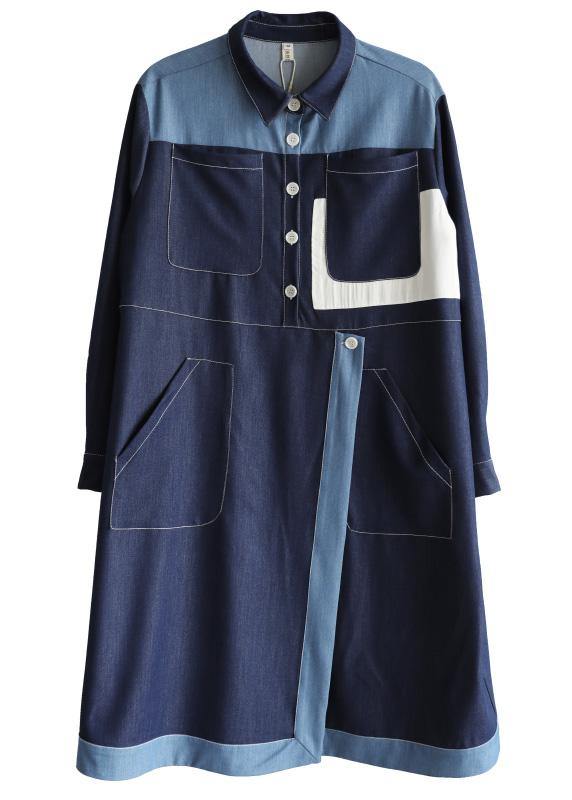 DIY Navy Long sleeve Chiffon Dress Patchwork Mid Dress - SooLinen