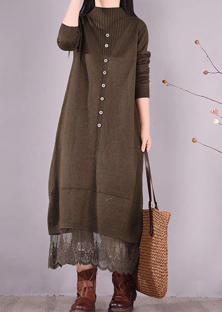 DIY O Neck Patchwork Lace Spring Tunics Linen Chocolate A Line Dress - SooLinen