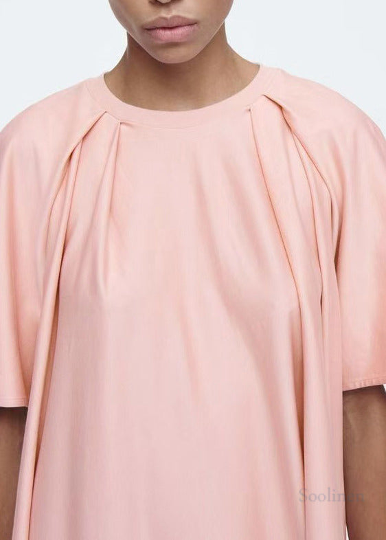 DIY Pink O-Neck Oversized Cotton Tea Dress Summer