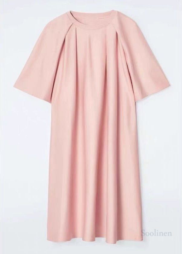 DIY Pink O-Neck Oversized Cotton Tea Dress Summer