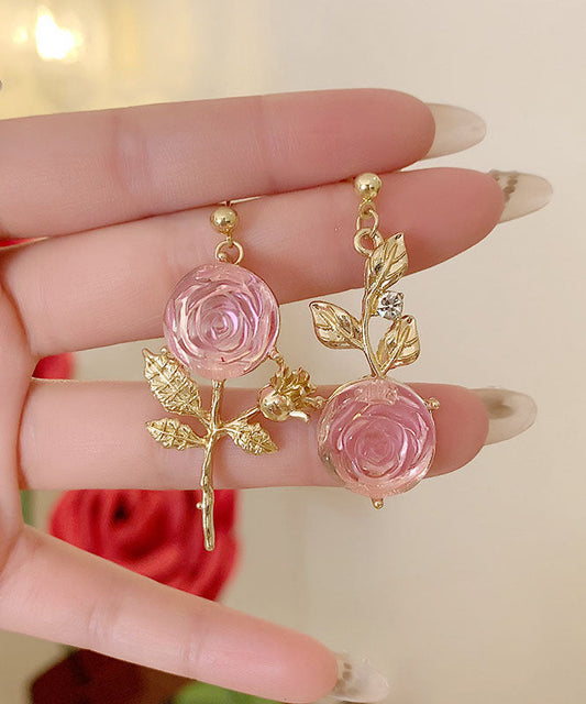 Pendientes colgantes asimétricos de acrílico rosa dorado con diseño floral DIY
