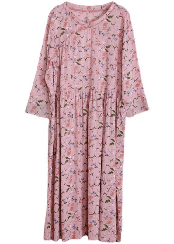 DIY Pink Print V Neck Long sleeve Party Summer Cotton Dress - SooLinen