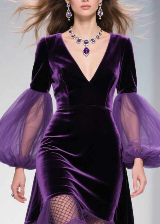 Vestido maxi de tul con mangas farol morado extragrande con patchwork y dobladillo grande