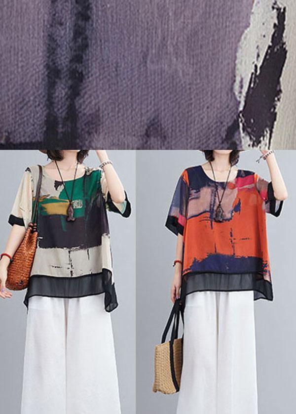 DIY Purple Print Chiffon tops White Wide Leg Summer Two Pieces Set - SooLinen