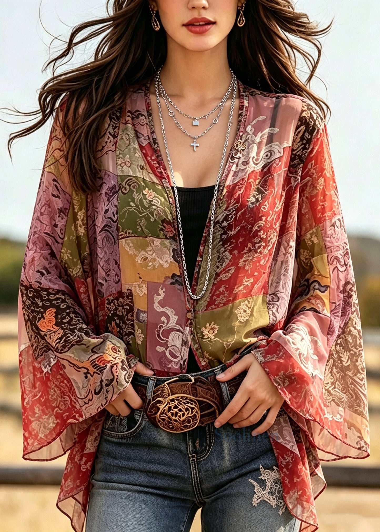 DIY Red Oversized Print Chiffon Shirts Flare Sleeve
