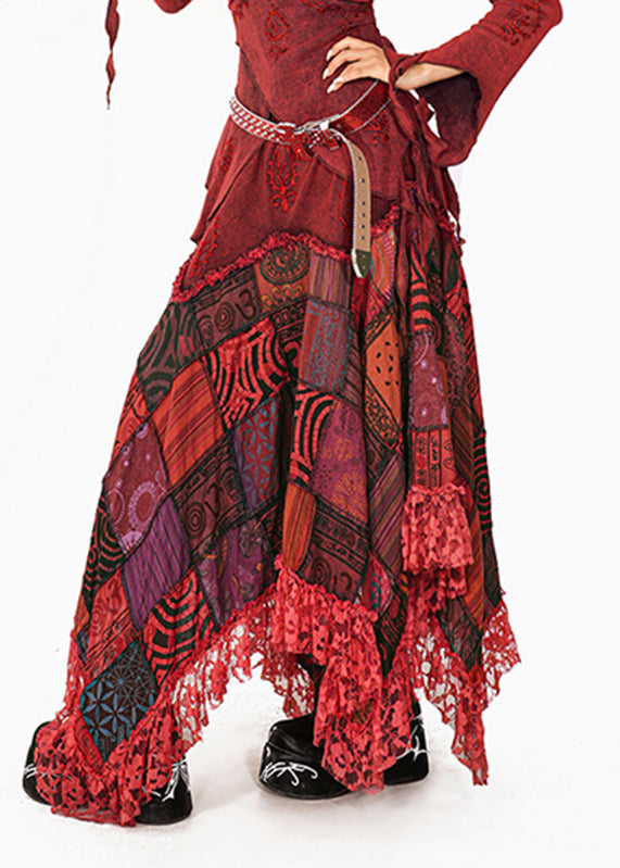 DIY Red Print Lace Patchwork A Line Skirt